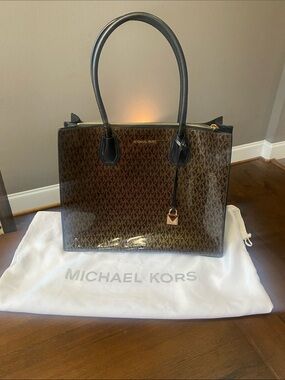 Michael Kors Brown/Black MK Signature Tote with Gold Hardware